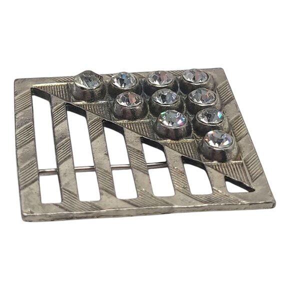 Vintage Square Rhinestone Brooch Silver-Tone Geometric Design 1.5" - Picture 6 of 8